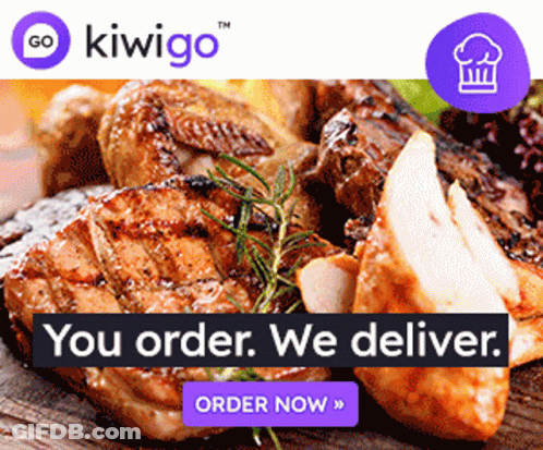 An Advertisement For Kiwigo With A Picture Of Meat And The Words " You Order We Deliver " GIF