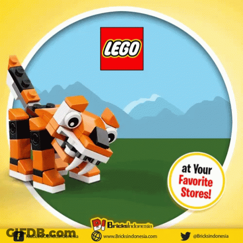 An Advertisement For Lego At Your Favorite Stores With A Tiger GIF