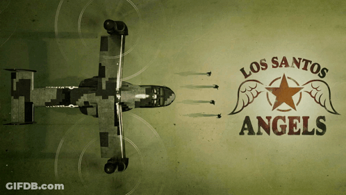 An Advertisement For Los Santos Angels Shows A Plane Flying Overhead GIF