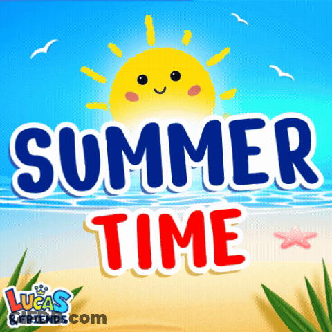 An Advertisement For Lucas And Friends Shows A Sun And The Words Summer Time GIF