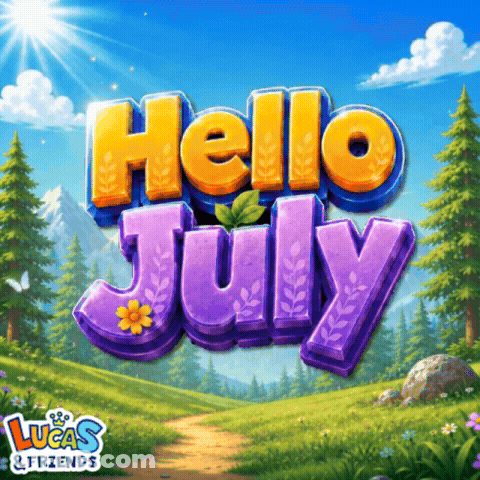 An Advertisement For Lucas & Friends Says Hello July In Purple Letters GIF