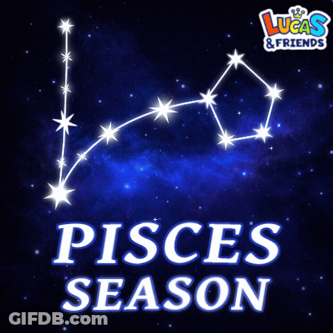 An Advertisement For Lucas & Friends Shows A Constellation And Says Pisces Season GIF