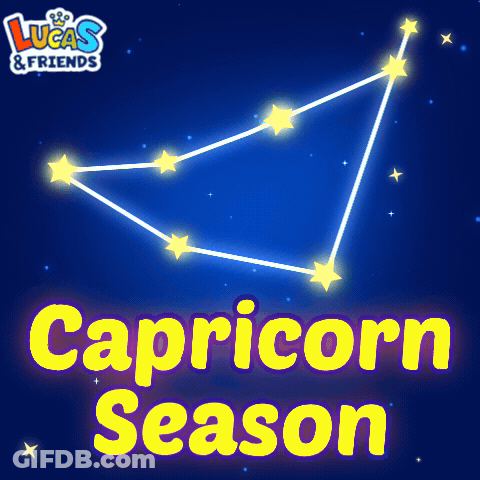 An Advertisement For Lucas & Friends Shows A Constellation And The Words Capricorn Season GIF