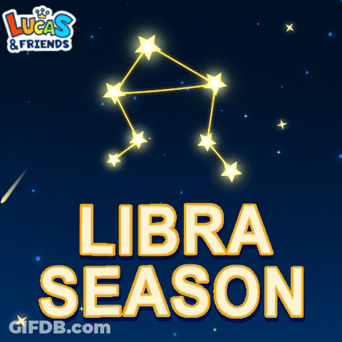 An Advertisement For Lucas & Friends Shows A Constellation And The Words Libra Season GIF