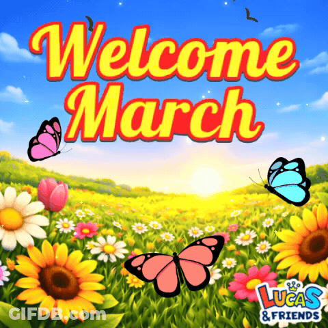 An Advertisement For Lucas & Friends Shows A Field Of Flowers And Butterflies GIF