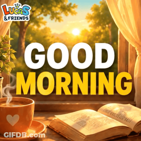 An Advertisement For Lucas & Friends With A Cup Of Coffee And A Book GIF