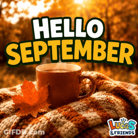An Advertisement For Lucas & Friends With A Cup Of Coffee And Leaves GIF