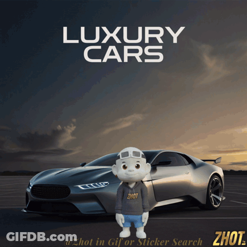 An Advertisement For Luxury Cars With A Cartoon Character Standing In Front Of A Car GIF