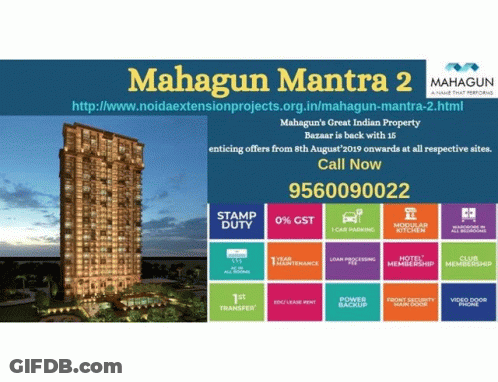 An Advertisement For Mahagun Mantra 2 Shows A Picture Of A Tall Building GIF