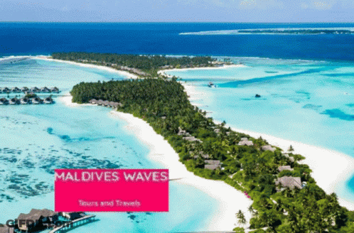 An Advertisement For Maldives Waves Shows An Aerial View Of A Tropical Island GIF