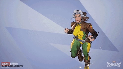 An Advertisement For Marvel Games Rivals Shows A Woman In A Leather Jacket GIF