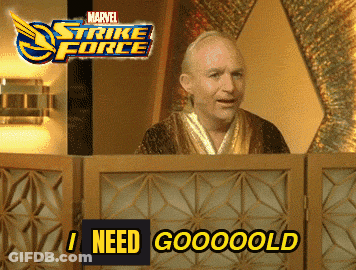 An Advertisement For Marvel Strike Force With A Man Behind A Podium GIF