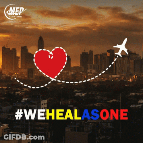 An Advertisement For Med Cargo Travel Shows A City Skyline And A Heart GIF