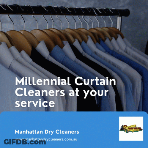An Advertisement For Millennial Curtain Cleaners Shows A Row Of Shirts Hanging On A Rack GIF