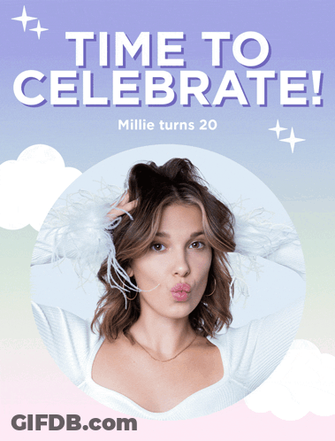 An Advertisement For Millie Turns 20 With A Picture Of Her GIF
