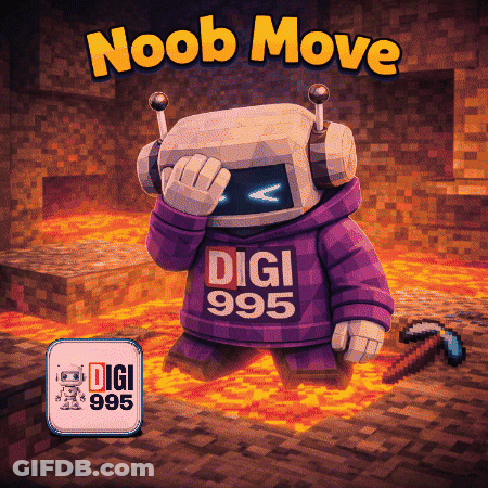An Advertisement For Noob Move With A Robot Wearing A Purple Digi 995 Hoodie GIF