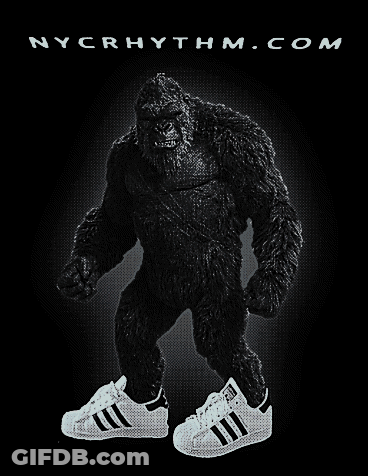 An Advertisement For Nycrhythm.com Features A Gorilla Wearing Adidas Shoes GIF