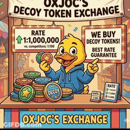 An Advertisement For Ox Joc 'S Decoy Token Exchange Shows A Duck Holding A Coin GIF