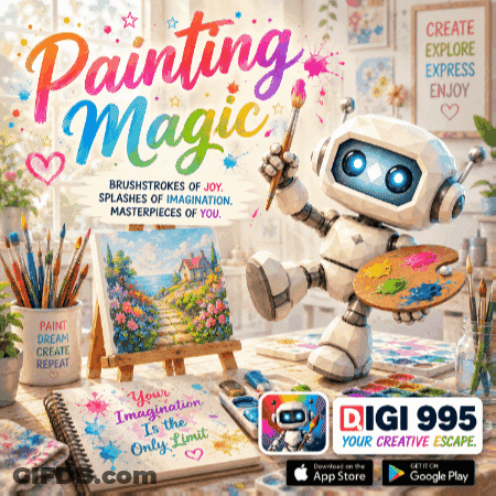 An Advertisement For Painting Magic With A Robot Holding A Palette GIF