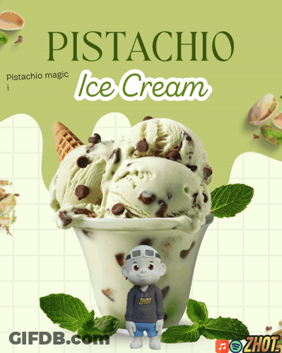 An Advertisement For Pistachio Ice Cream Shows A Figurine GIF