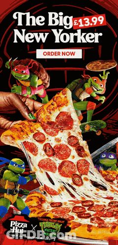 An Advertisement For Pizza Hut Featuring Teenage Mutant Ninja Turtles And The Big New Yorker GIF
