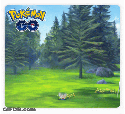 An Advertisement For Pokemon Go Shows A Grassy Field With Trees In The Background GIF