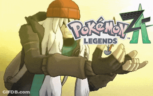 An Advertisement For Pokemon Legends Shows A Man Holding Something GIF