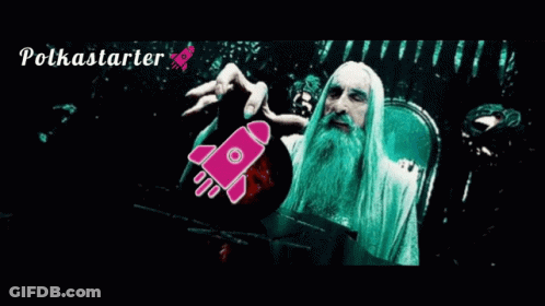 An Advertisement For Polkastarter Shows A Wizard With A Rocket In His Hand GIF