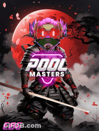 An Advertisement For Pool Masters Shows A Samurai Holding A Sword GIF
