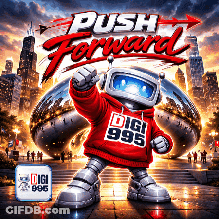An Advertisement For Push Forward With A Robot Wearing A Digi 995 Hoodie GIF