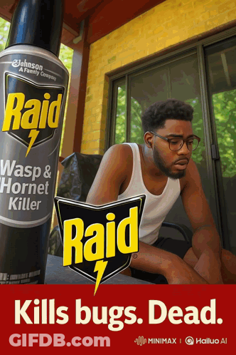 An Advertisement For Raid Wasp And Hornet Killer Shows A Man Sitting On A Chair GIF