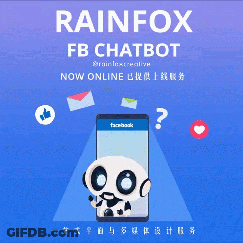 An Advertisement For Rainfox Fb Chatbot With A Robot GIF