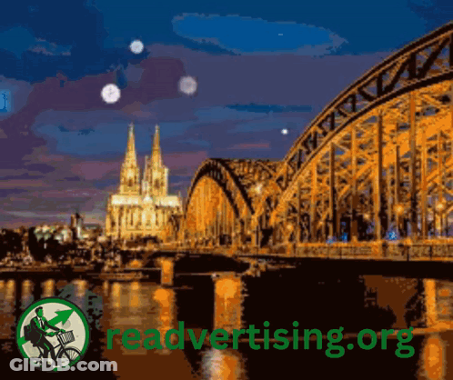 An Advertisement For Readvertising.org Shows A Bridge Over A River At Night GIF