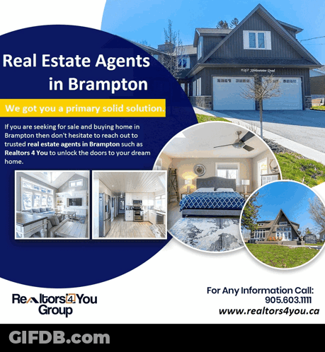 An Advertisement For Real Estate Agents In Brampton With Pictures Of Houses GIF