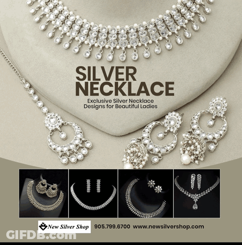 An Advertisement For Silver Necklaces And Earrings With The Website Www.newsilvershop.com On The Bottom GIF