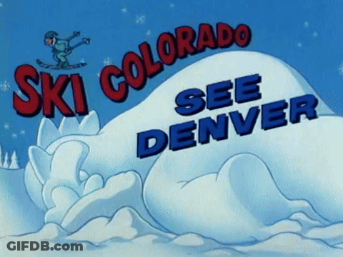 An Advertisement For Ski Colorado See Denver With A Cartoon Of A Man Skiing GIF