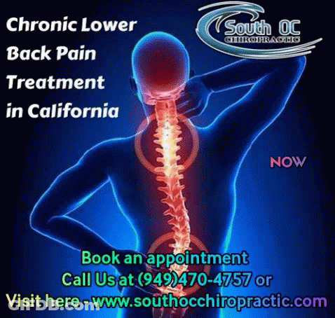 An Advertisement For South Oc Chiropractic Shows A Man With Chronic Back Pain GIF