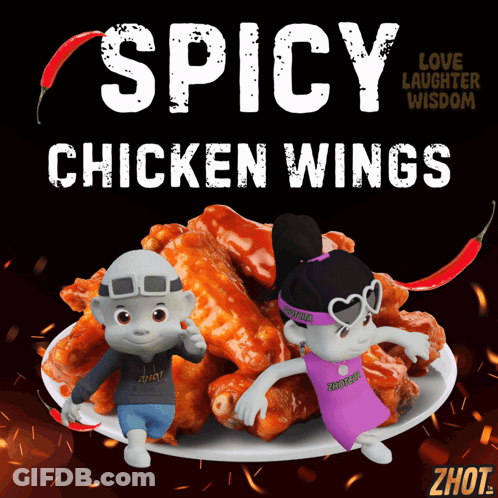 An Advertisement For Spicy Chicken Wings With A Boy And A Girl GIF