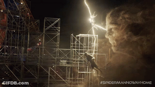 An Advertisement For Spider Man Now Way Home Shows A Man Being Struck By A Lightning Bolt GIF