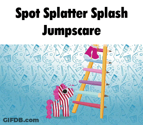 An Advertisement For Spot Splatter Splash Jumpscare Shows A Zebra Standing On A Ladder GIF