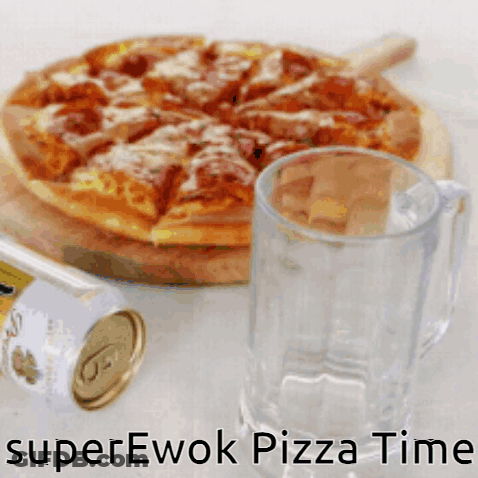 An Advertisement For Superewok Pizza Time Shows A Pizza And A Beer GIF