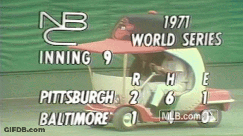 An Advertisement For The 1971 World Series Shows A Baseball Player In A Golf Cart GIF