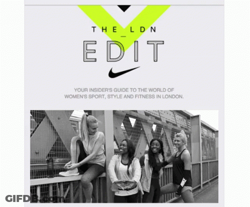 An Advertisement For The London Edit Shows Four Women Sitting On A Bridge GIF
