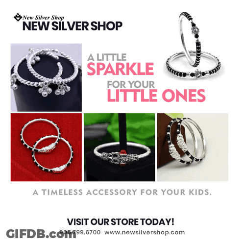 An Advertisement For The New Silver Shop Shows A Variety Of Bracelets And Rings GIF