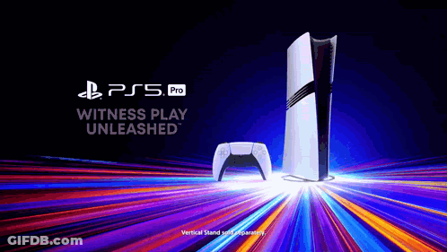 An Advertisement For The Ps5 Pro Says Witness Play Unleashed On It GIF