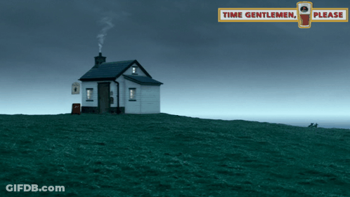 An Advertisement For Time Gentlemen Please Shows A Small White House On A Hill GIF