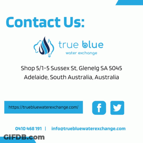 An Advertisement For True Blue Water Exchange Shows An Aerial View Of A River Surrounded By Trees GIF