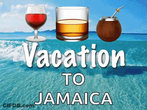 An Advertisement For Vacation To Jamaica Shows A Glass Of Whiskey A Coconut And A Glass Of Wine GIF