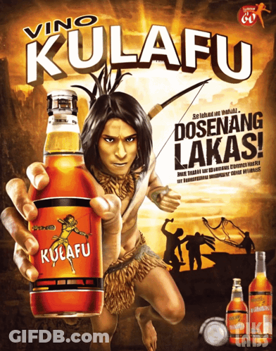An Advertisement For Vino Kulafu Shows A Native American Holding A Bottle GIF