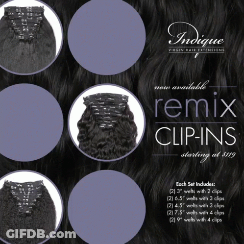 An Advertisement For Virgin Hair Extensions Says Remix Clip-Ins Starting At $ 19 GIF